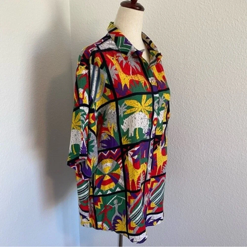 Vintage Bellows Brut Le Garage France Red Blue Vibrant Color Tropical Top SZ L